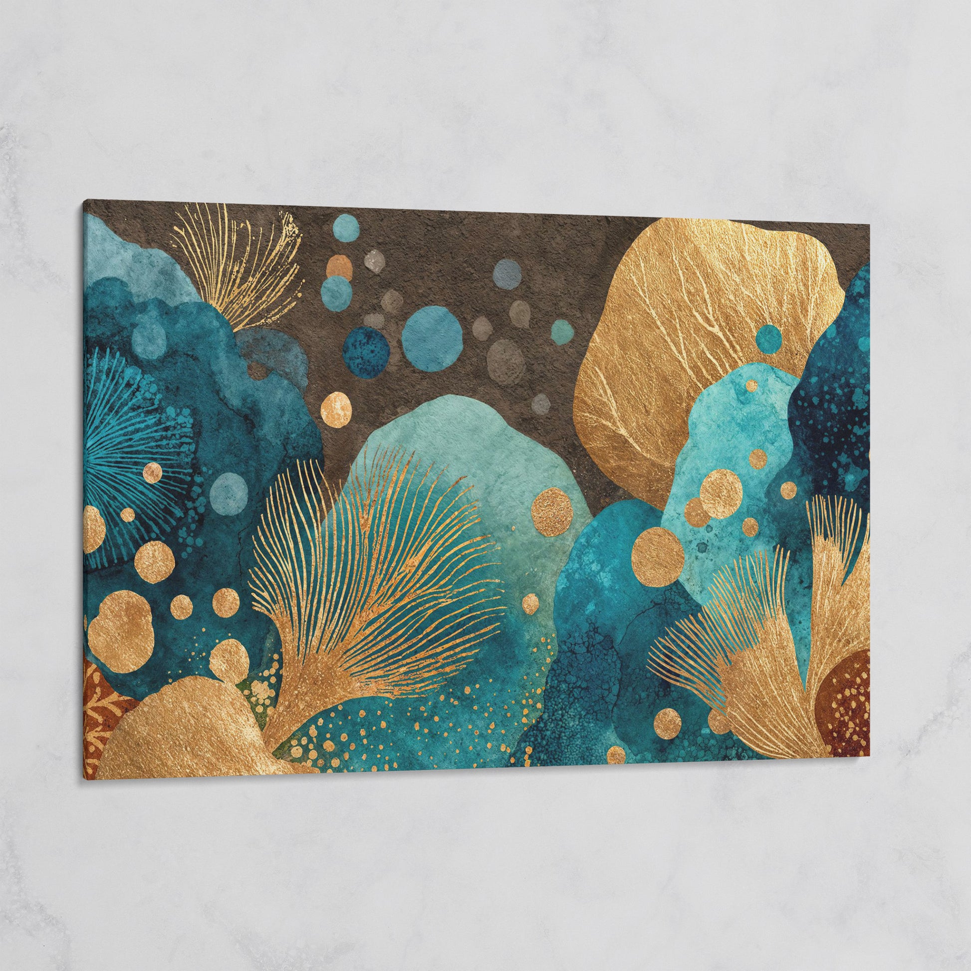 Teal and Gold Abstract Leaf Canvas Wall Art on gallery wrap