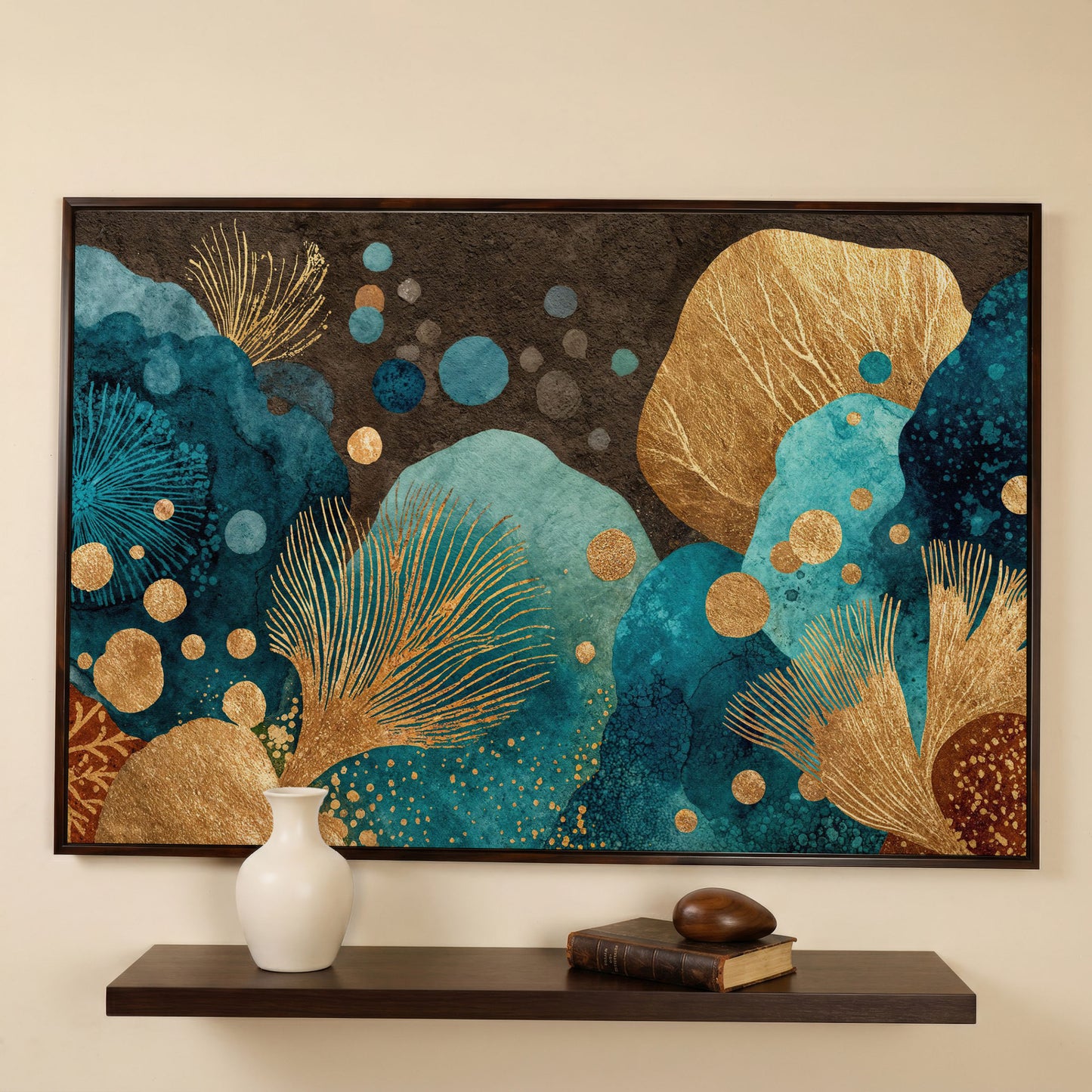 Teal and Gold Abstract Leaf Canvas Wall Art in dark walnut floating frame