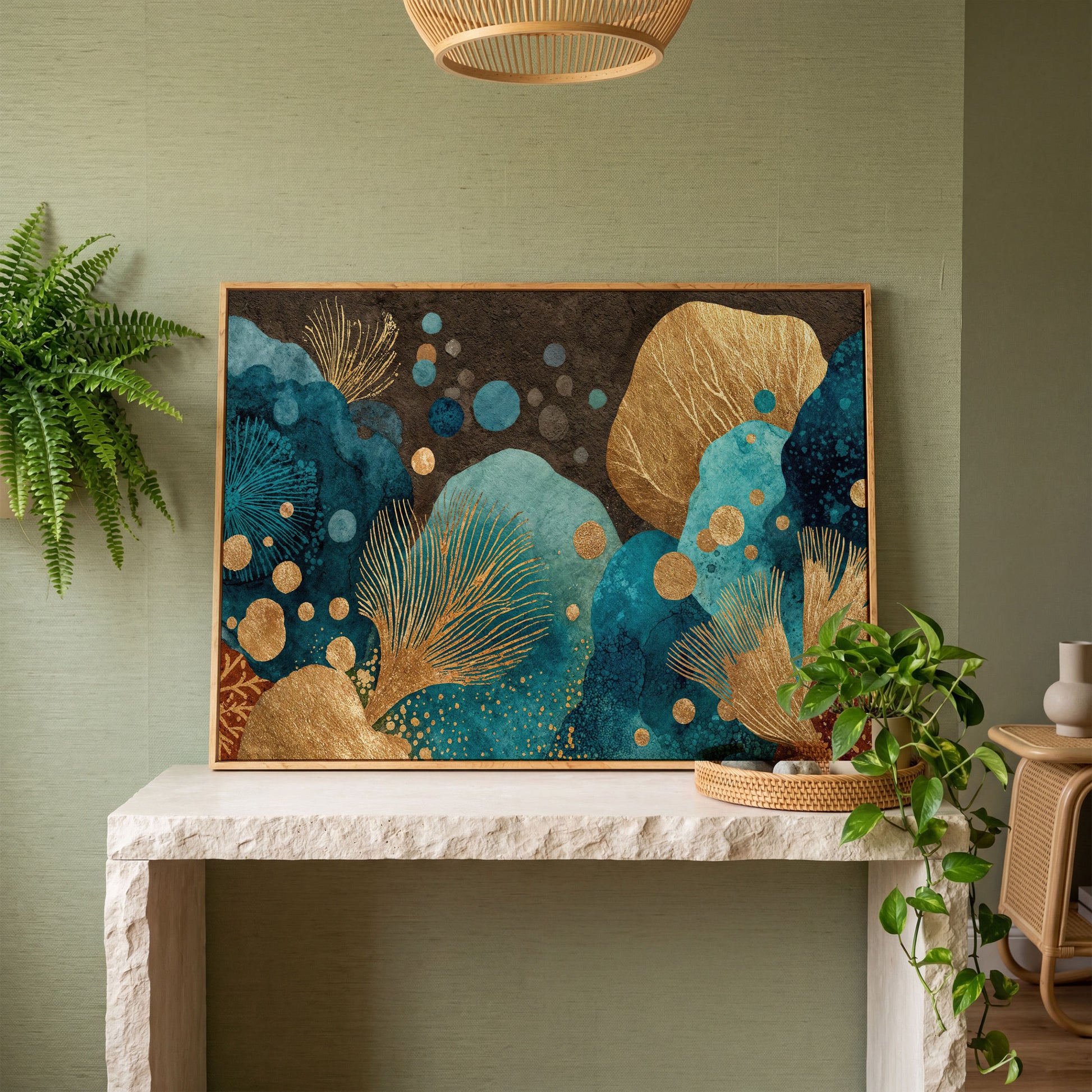 Teal and Gold Abstract Leaf Canvas Wall Art in white oak floating frame
