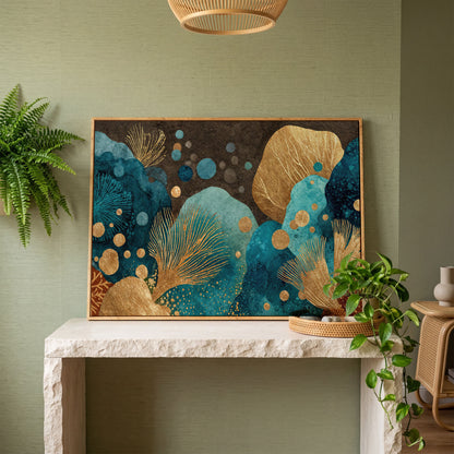 Teal and Gold Abstract Leaf Canvas Wall Art in white oak floating frame