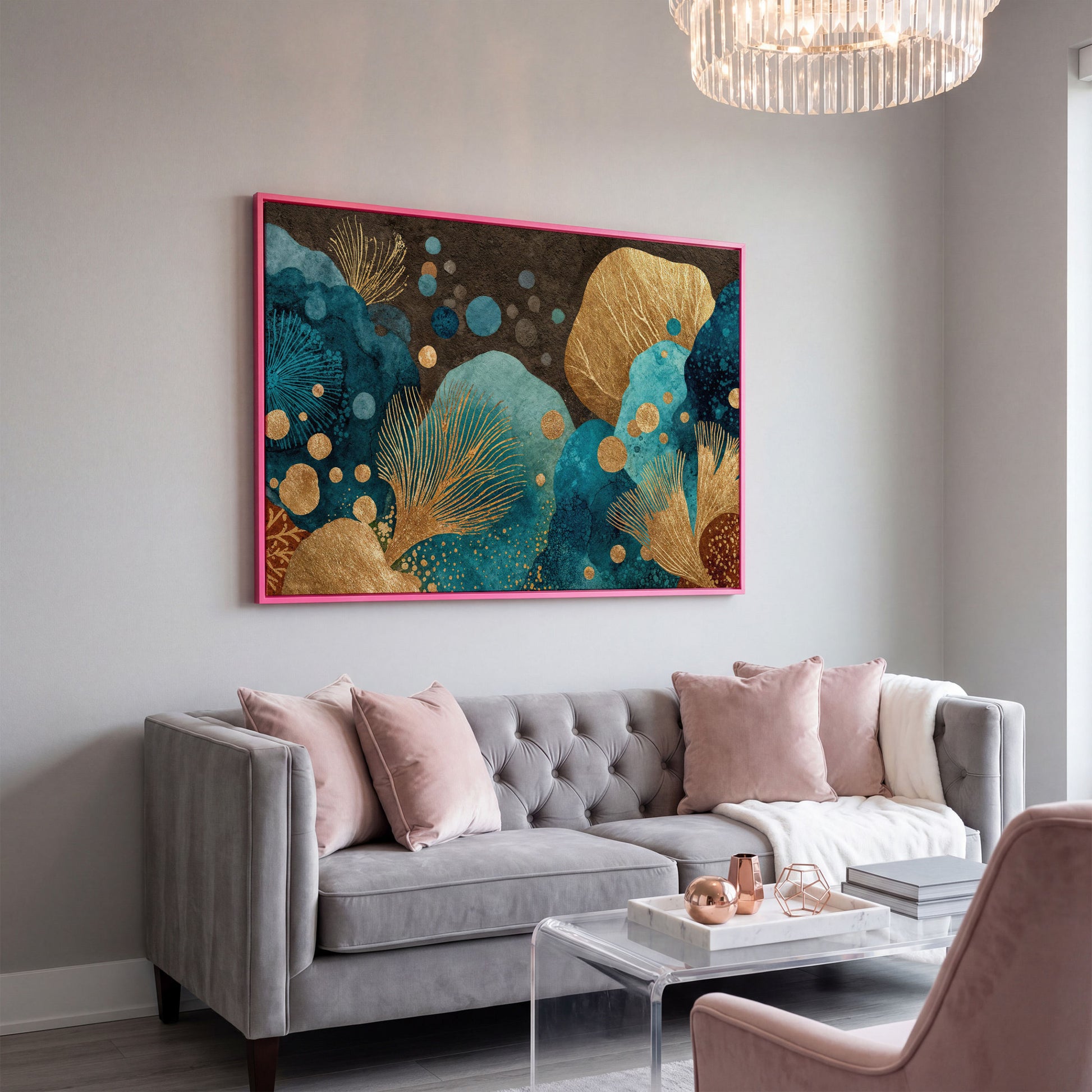 Teal and Gold Abstract Leaf Canvas Wall Art in pink floating frame