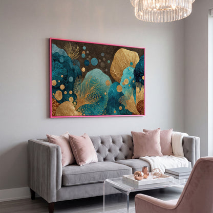 Teal and Gold Abstract Leaf Canvas Wall Art in pink floating frame