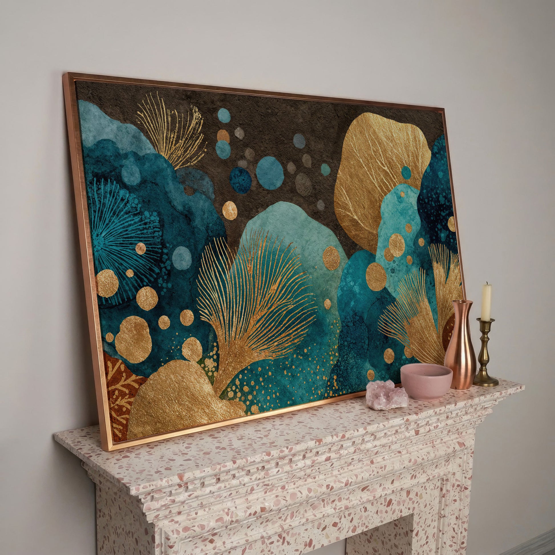 Teal and Gold Abstract Leaf Canvas Wall Art in rose gold floating frame