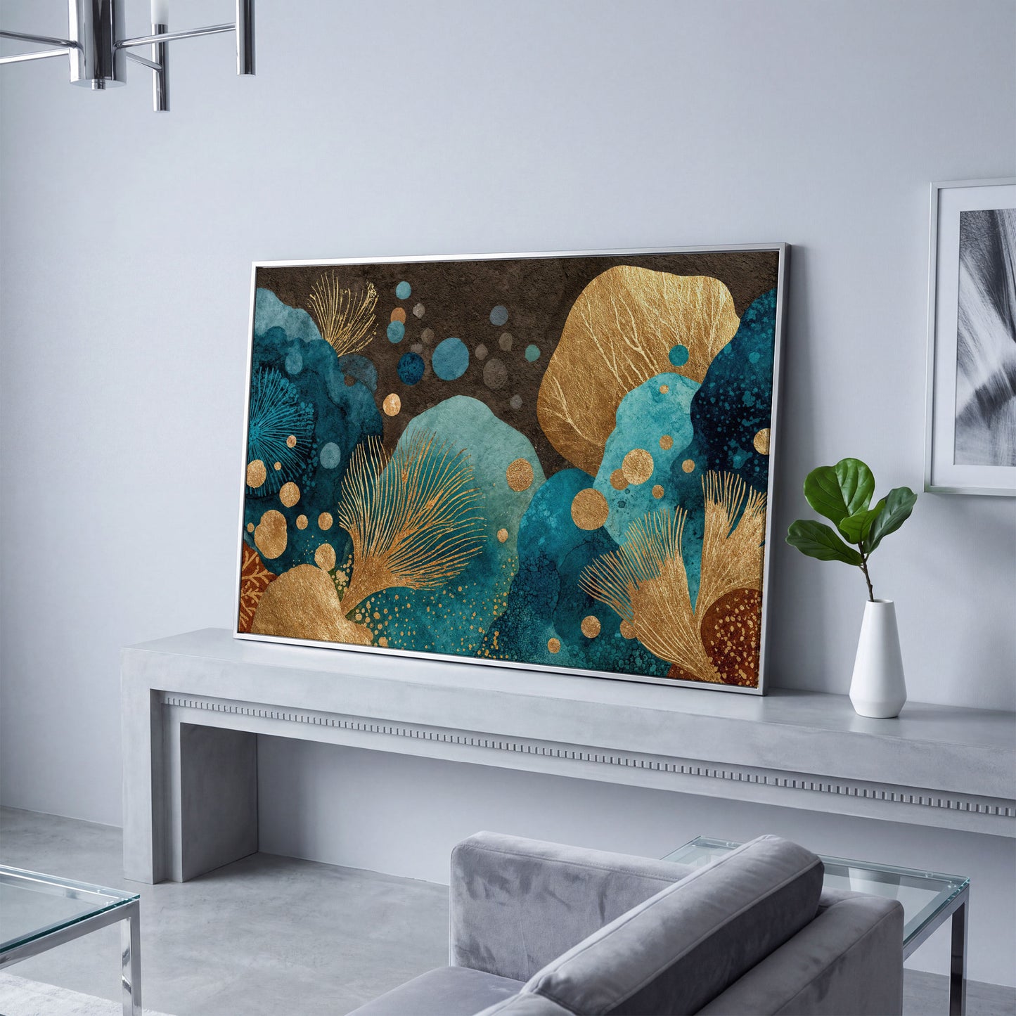 Teal and Gold Abstract Leaf Canvas Wall Art in silver floating frame