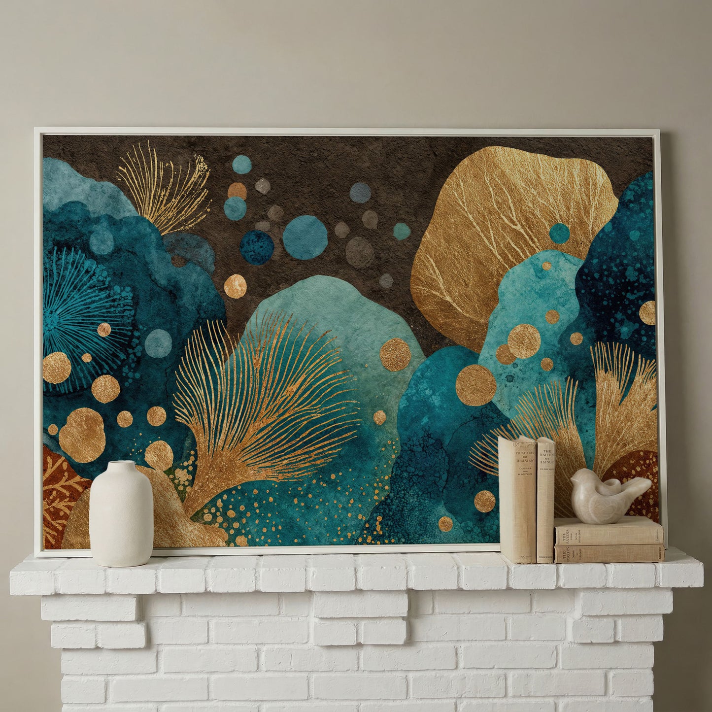 Teal and Gold Abstract Leaf Canvas Wall Art in white floating frame