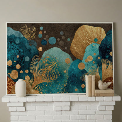 Teal and Gold Abstract Leaf Canvas Wall Art in white floating frame
