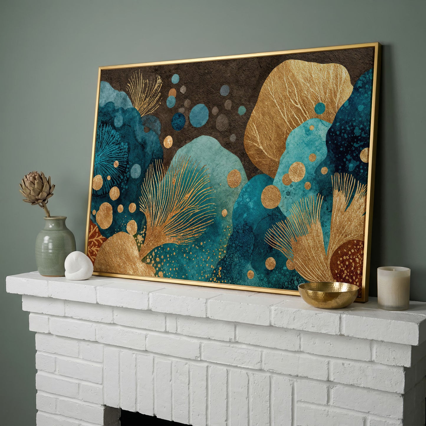 Teal and Gold Abstract Leaf Canvas Wall Art in yellow gold floating frame