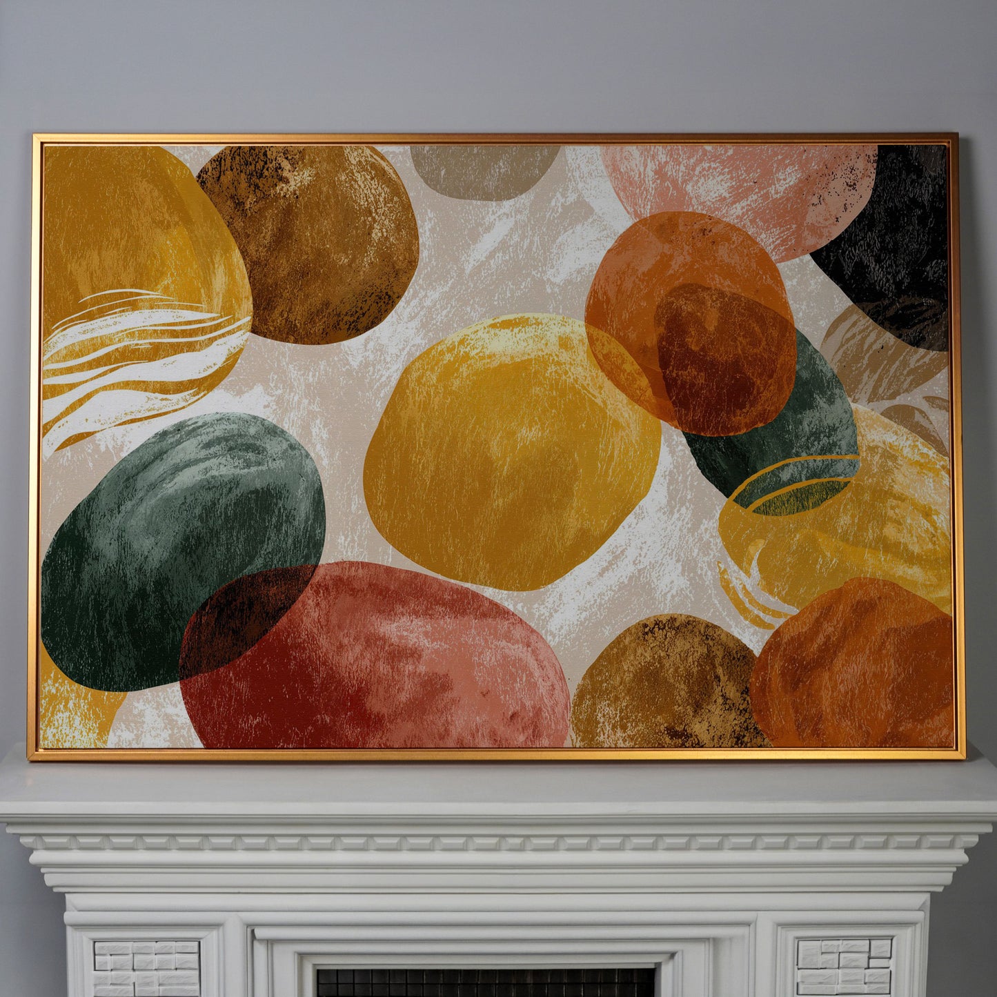 Terracotta Abstract Shapes Canvas Art, Japandi Earth Tone Wall Art in antique gold floating frame