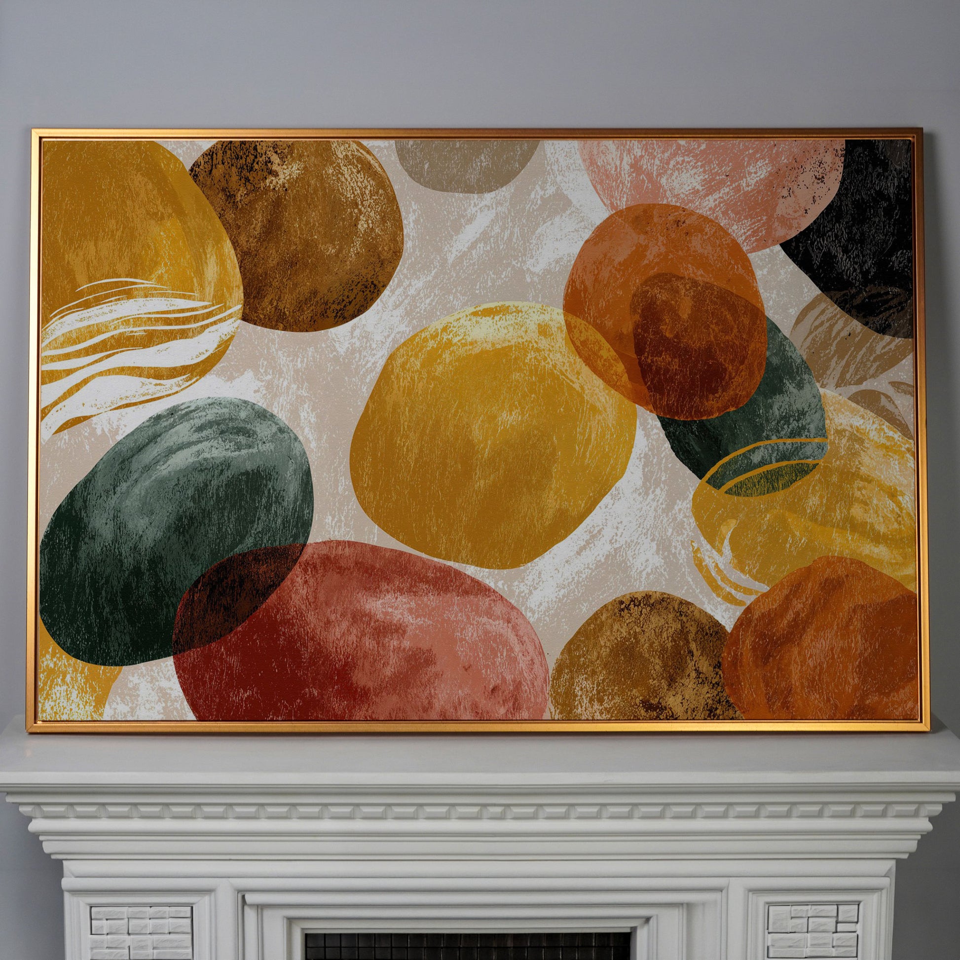 Terracotta Abstract Shapes Canvas Art, Japandi Earth Tone Wall Art in antique gold floating frame