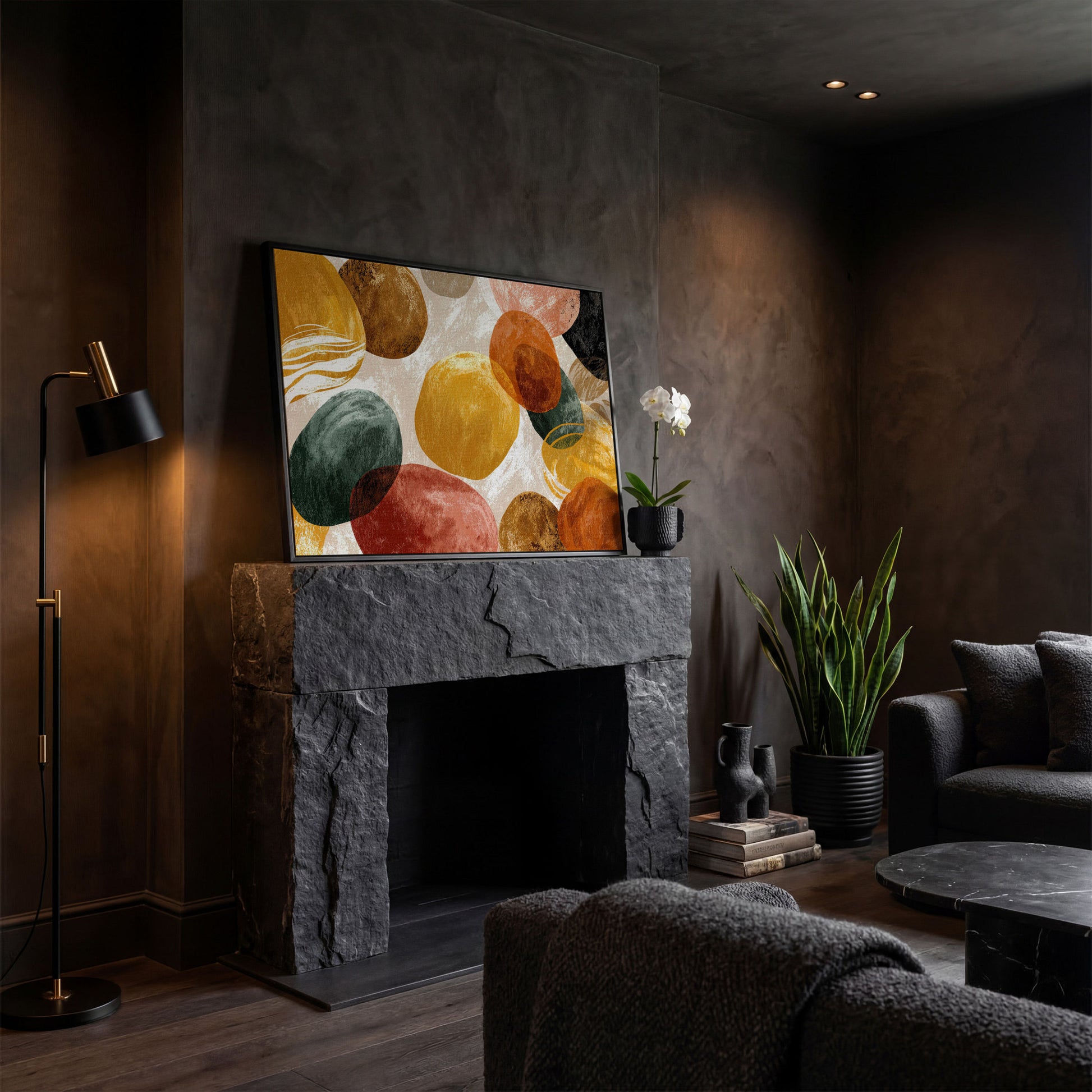 Terracotta Abstract Shapes Canvas Art, Japandi Earth Tone Wall Art in black floating frame