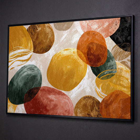 Terracotta Abstract Shapes Canvas Art, Japandi Earth Tone Wall Art shown in black floating frame