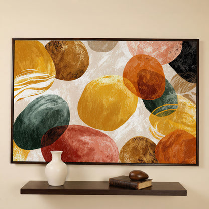 Terracotta Abstract Shapes Canvas Art, Japandi Earth Tone Wall Art in dark walnut floating frame