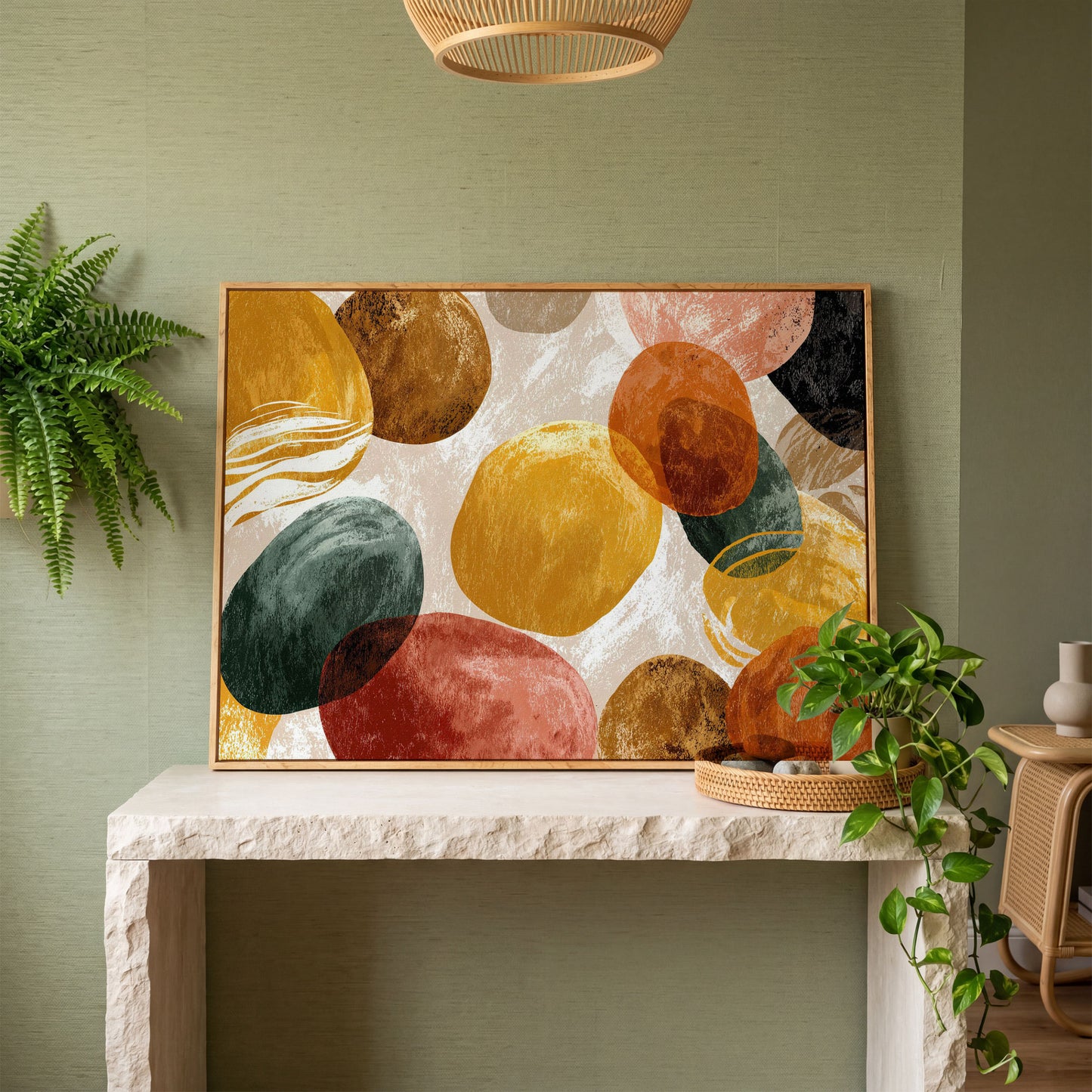 Terracotta Abstract Shapes Canvas Art, Japandi Earth Tone Wall Art in white oak floating frame