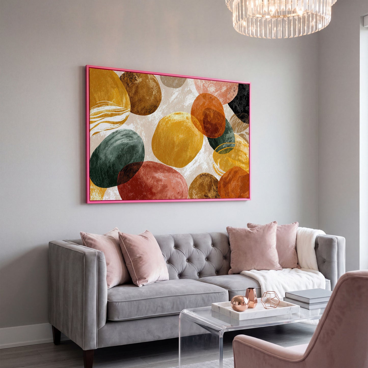 Terracotta Abstract Shapes Canvas Art, Japandi Earth Tone Wall Art in pink floating frame