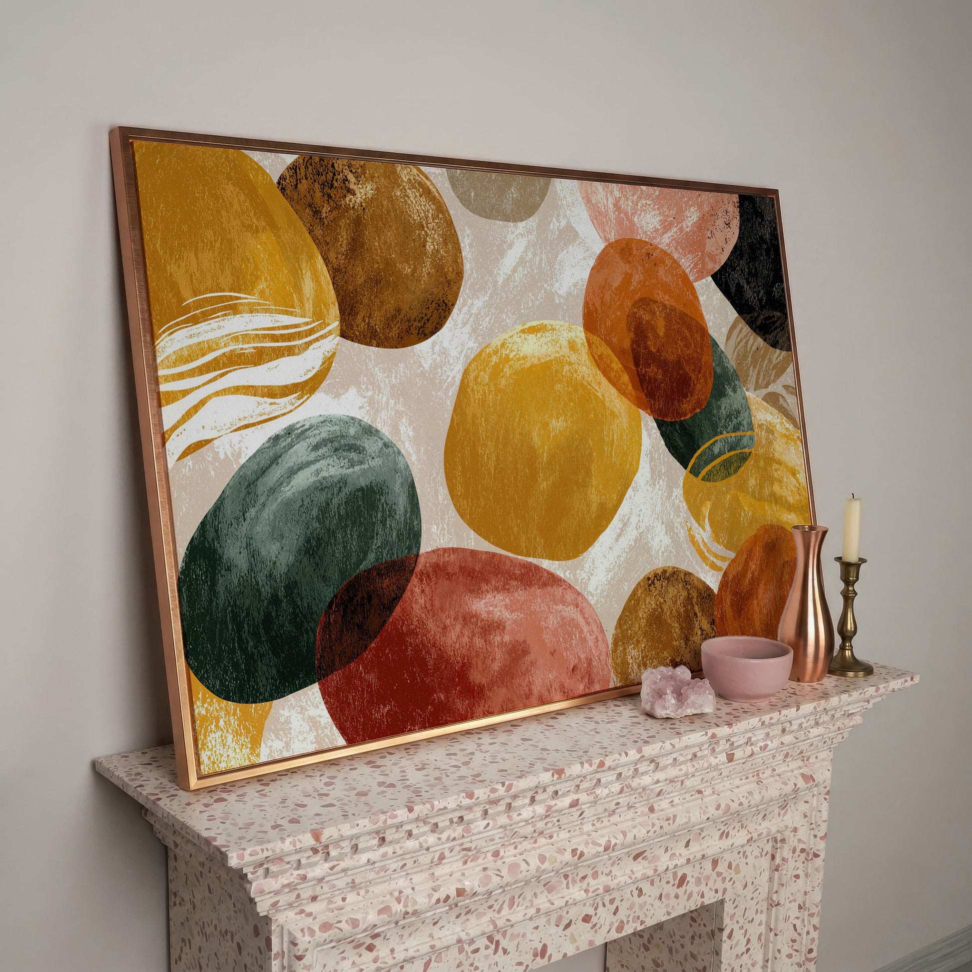 Terracotta Abstract Shapes Canvas Art, Japandi Earth Tone Wall Art in rose gold floating frame