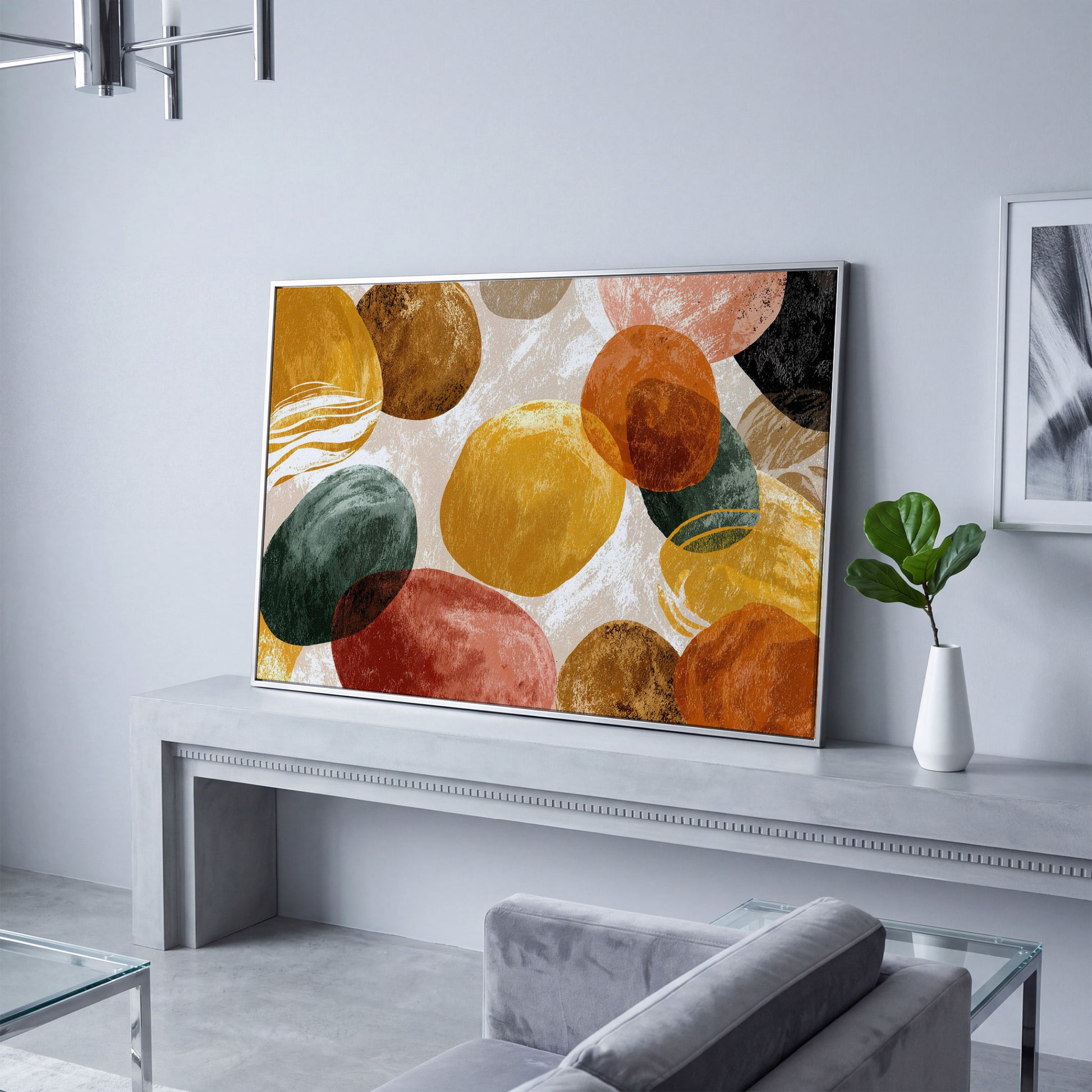 Terracotta Abstract Shapes Canvas Art, Japandi Earth Tone Wall Art in silver floating frame