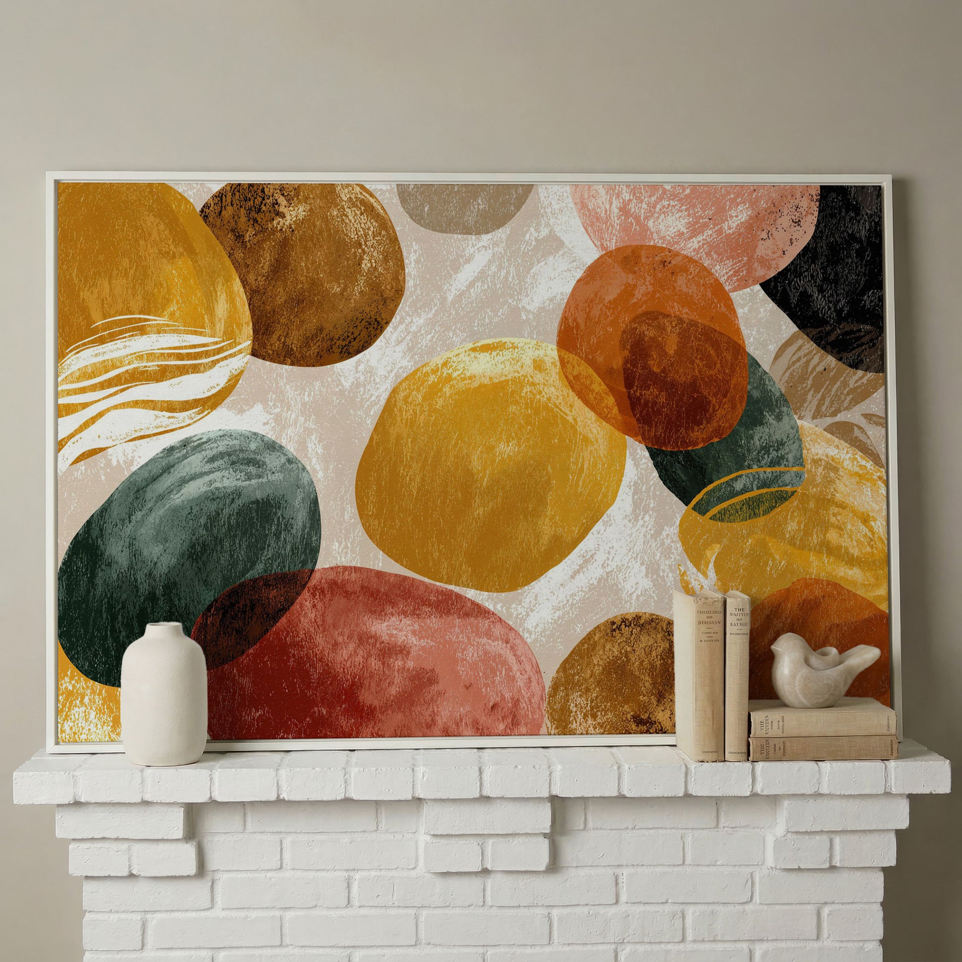 Terracotta Abstract Shapes Canvas Art, Japandi Earth Tone Wall Art in white floating frame