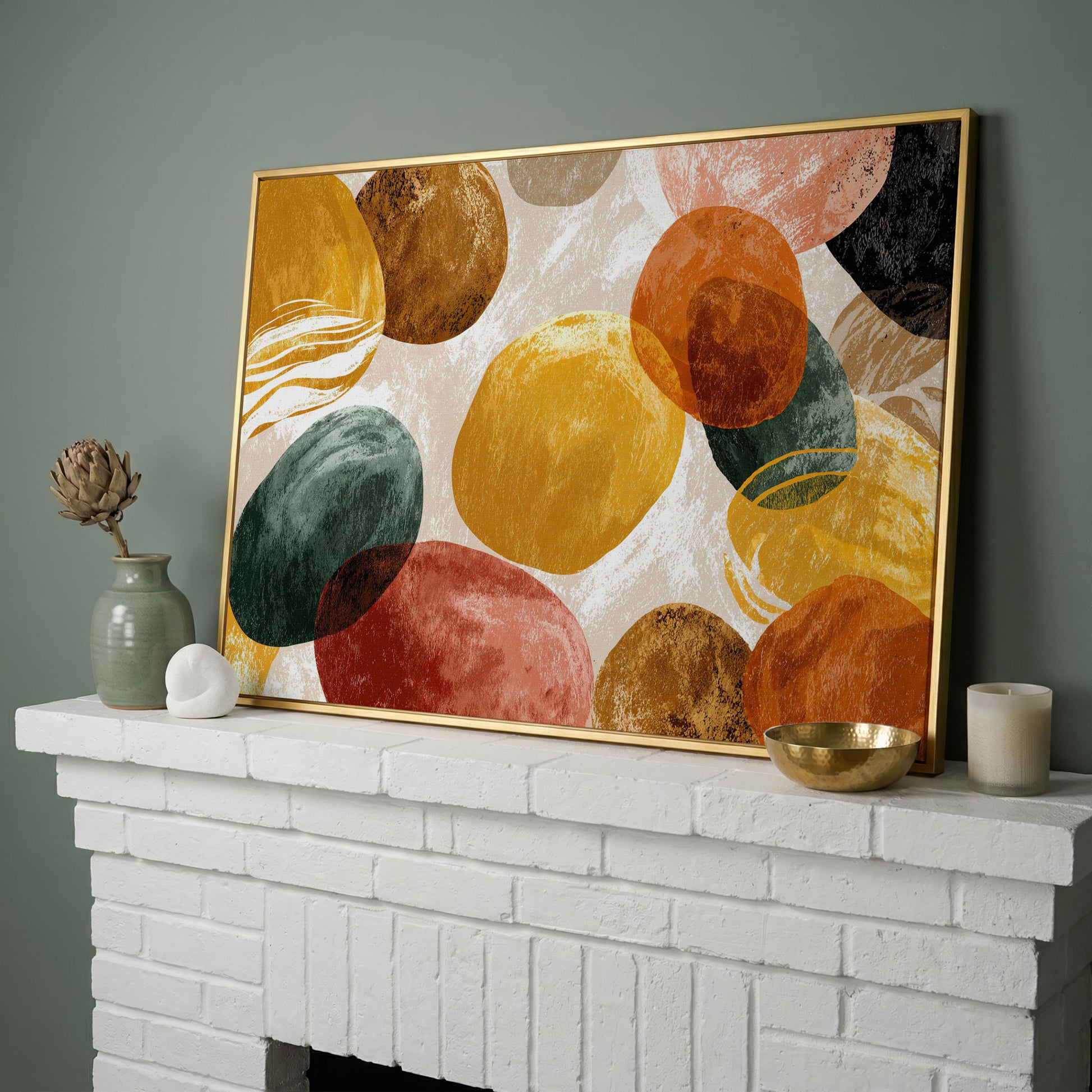 Terracotta Abstract Shapes Canvas Art, Japandi Earth Tone Wall Art in yellow gold floating frame