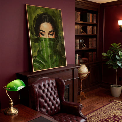 Woman with Green Scarf. Figurative Portrait Canvas Art in antique gold floating frame