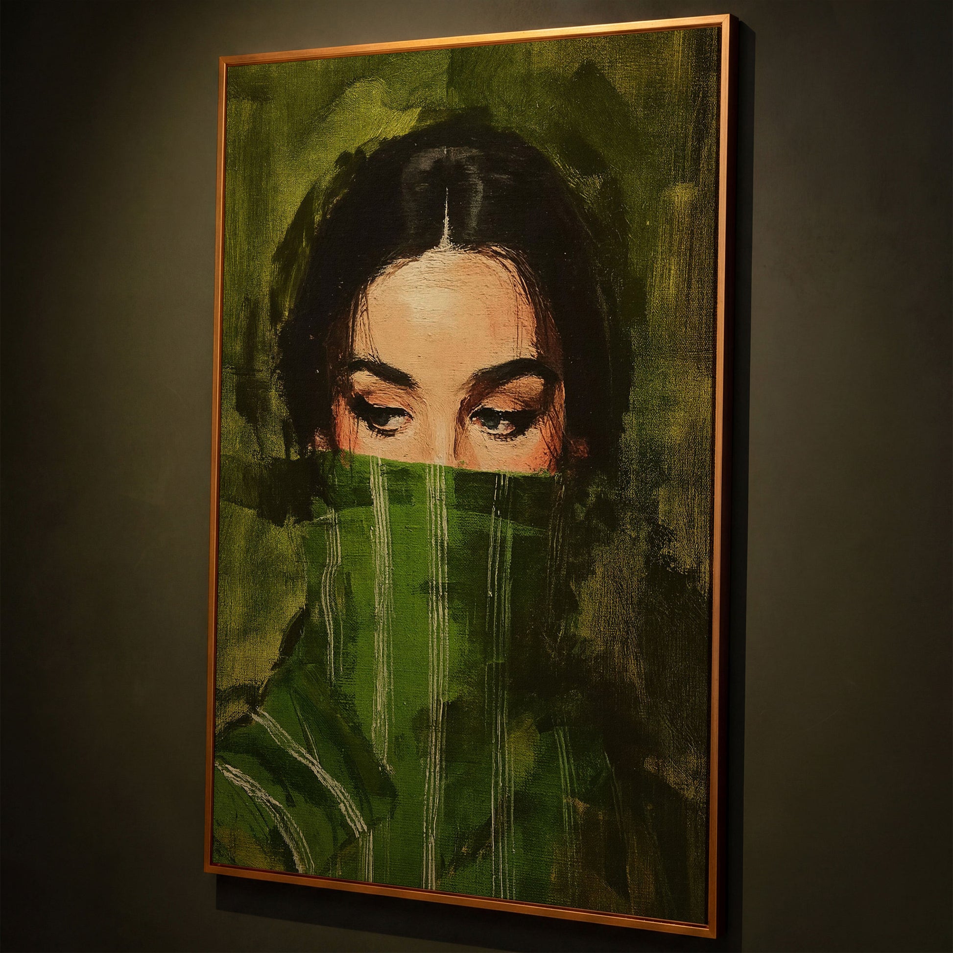 Woman with Green Scarf. Figurative Portrait Canvas Art shown in antique gold floating frame