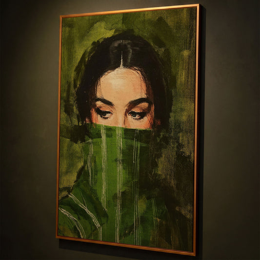 Woman with Green Scarf. Figurative Portrait Canvas Art shown in antique gold floating frame