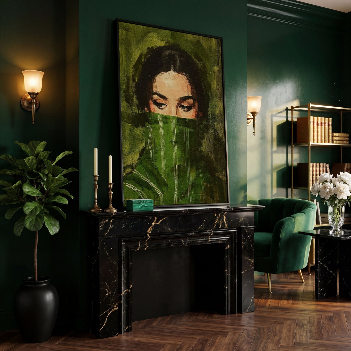 Woman with Green Scarf. Figurative Portrait Canvas Art in black floating frame