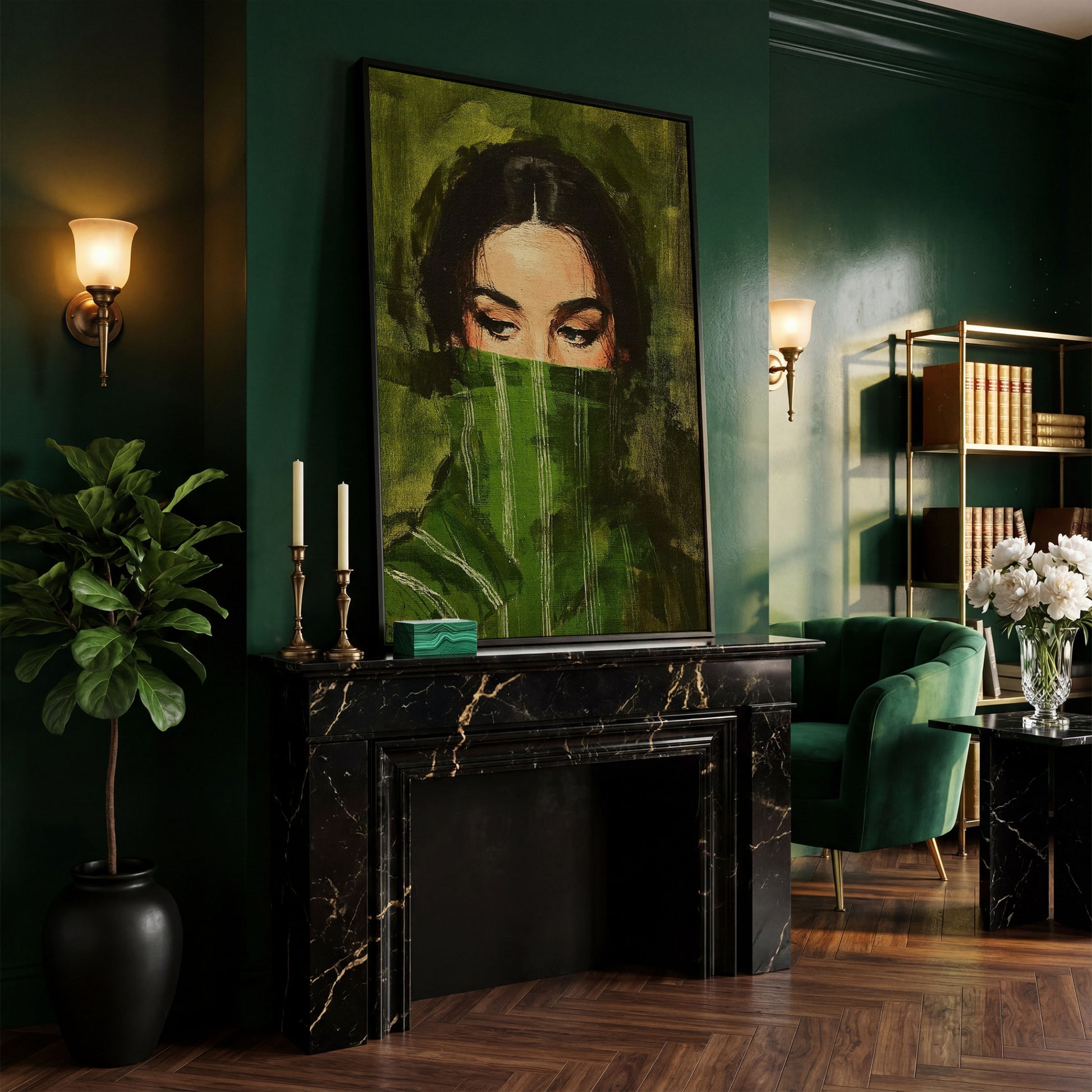 Woman with Green Scarf. Figurative Portrait Canvas Art in black floating frame