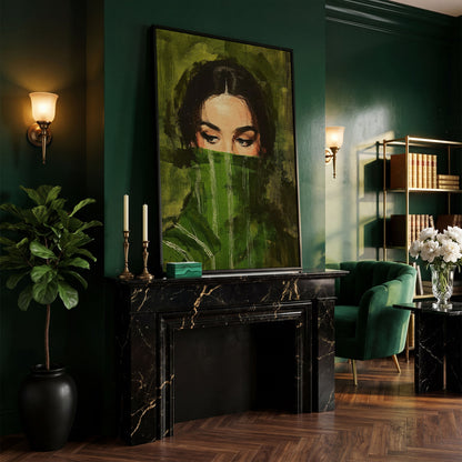 Woman with Green Scarf. Figurative Portrait Canvas Art in black floating frame