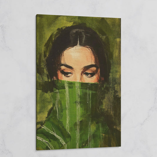 Woman with Green Scarf. Figurative Portrait Canvas Art on gallery wrap