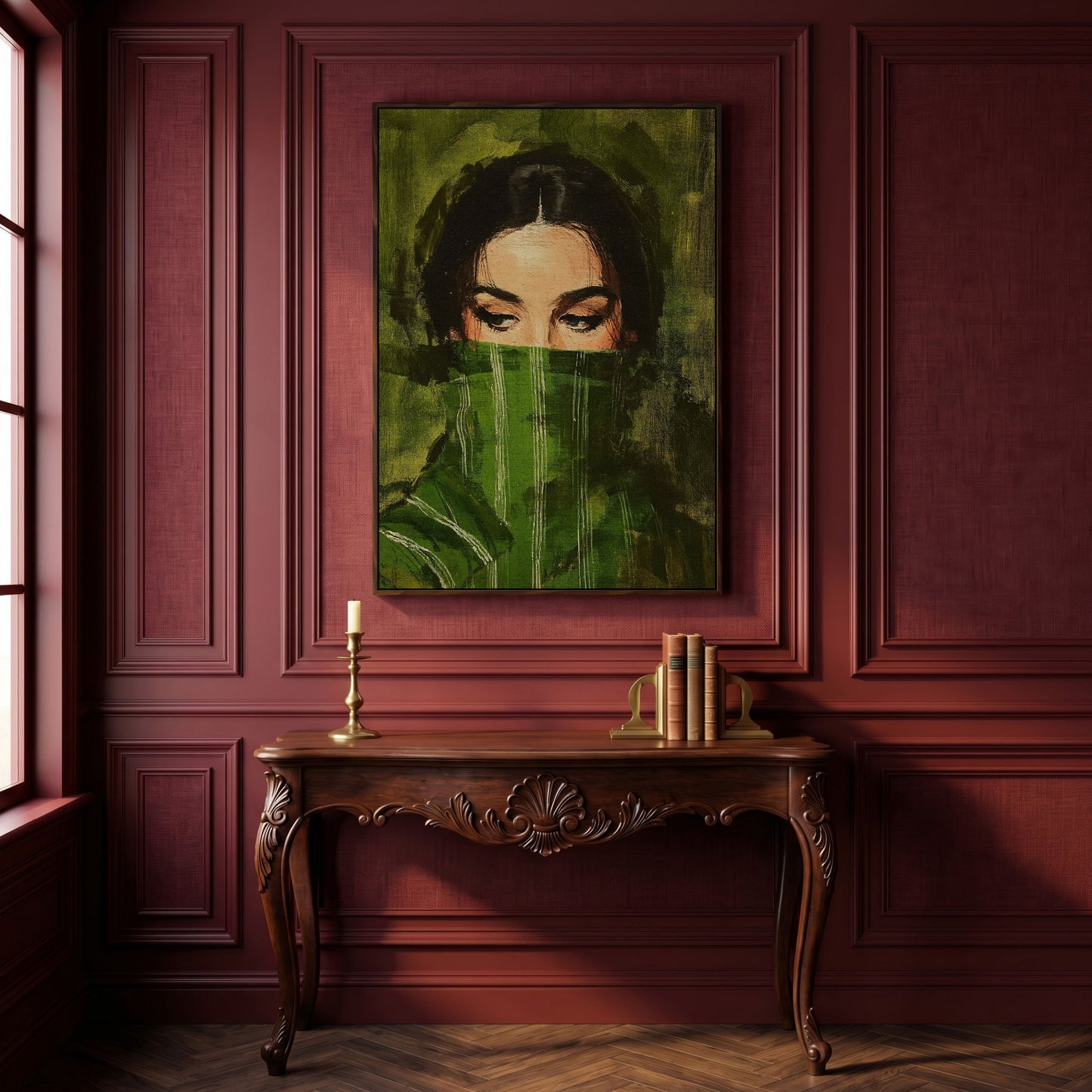 Woman with Green Scarf. Figurative Portrait Canvas Art in dark walnut floating frame