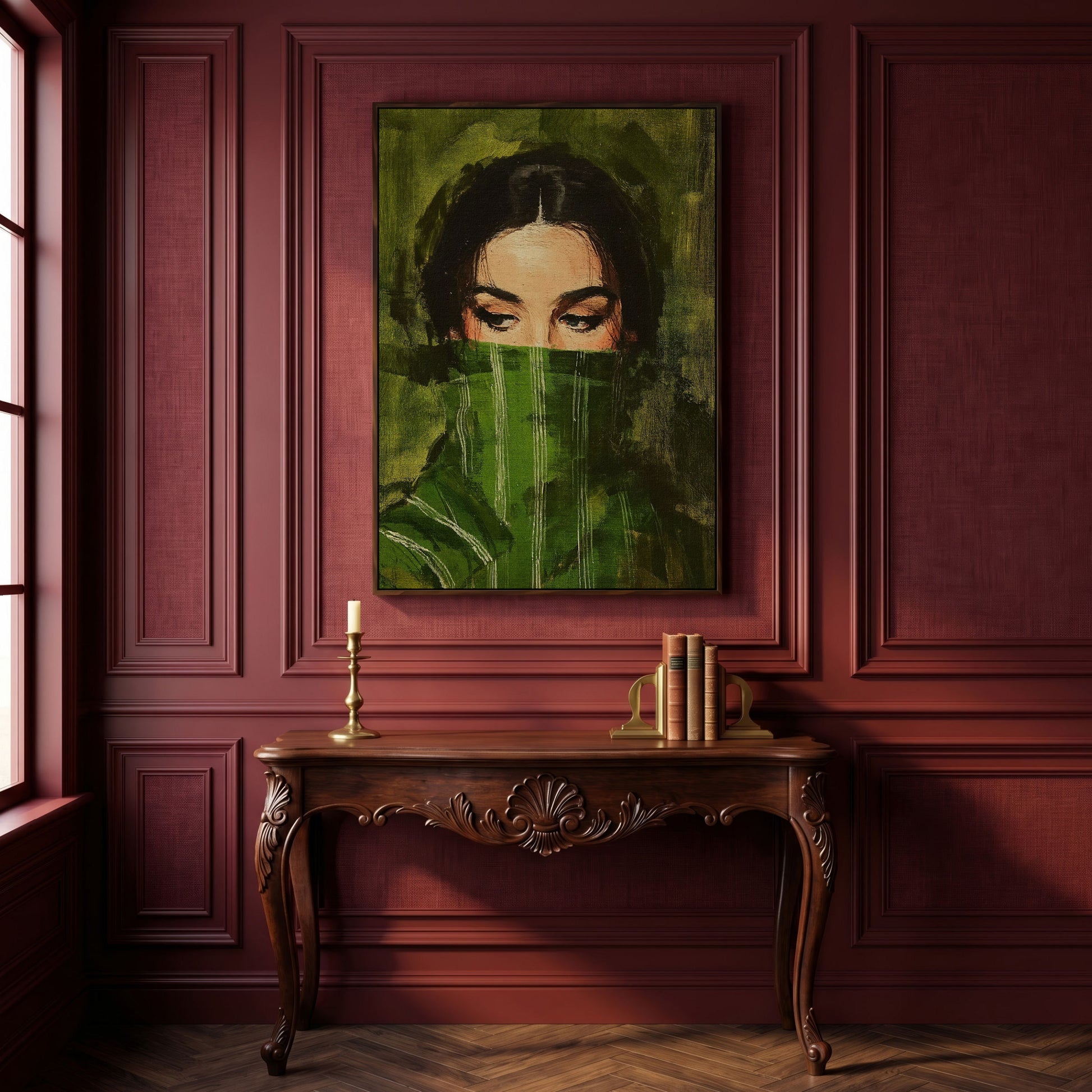Woman with Green Scarf. Figurative Portrait Canvas Art in dark walnut floating frame