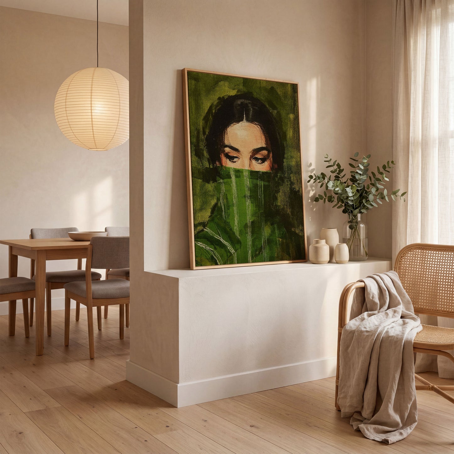 Woman with Green Scarf. Figurative Portrait Canvas Art in white oak floating frame