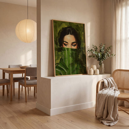 Woman with Green Scarf. Figurative Portrait Canvas Art in white oak floating frame