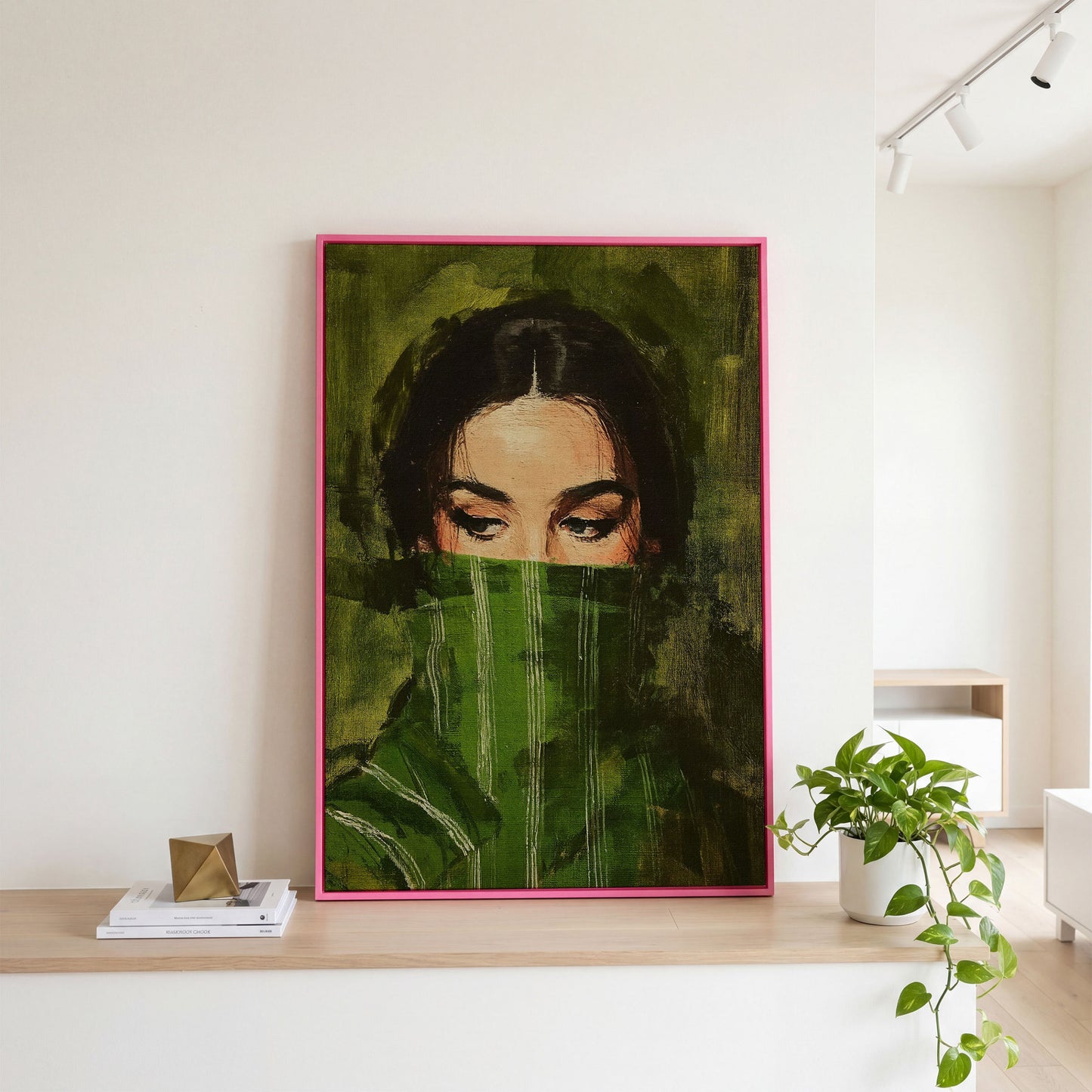 Woman with Green Scarf. Figurative Portrait Canvas Art in pink floating frame