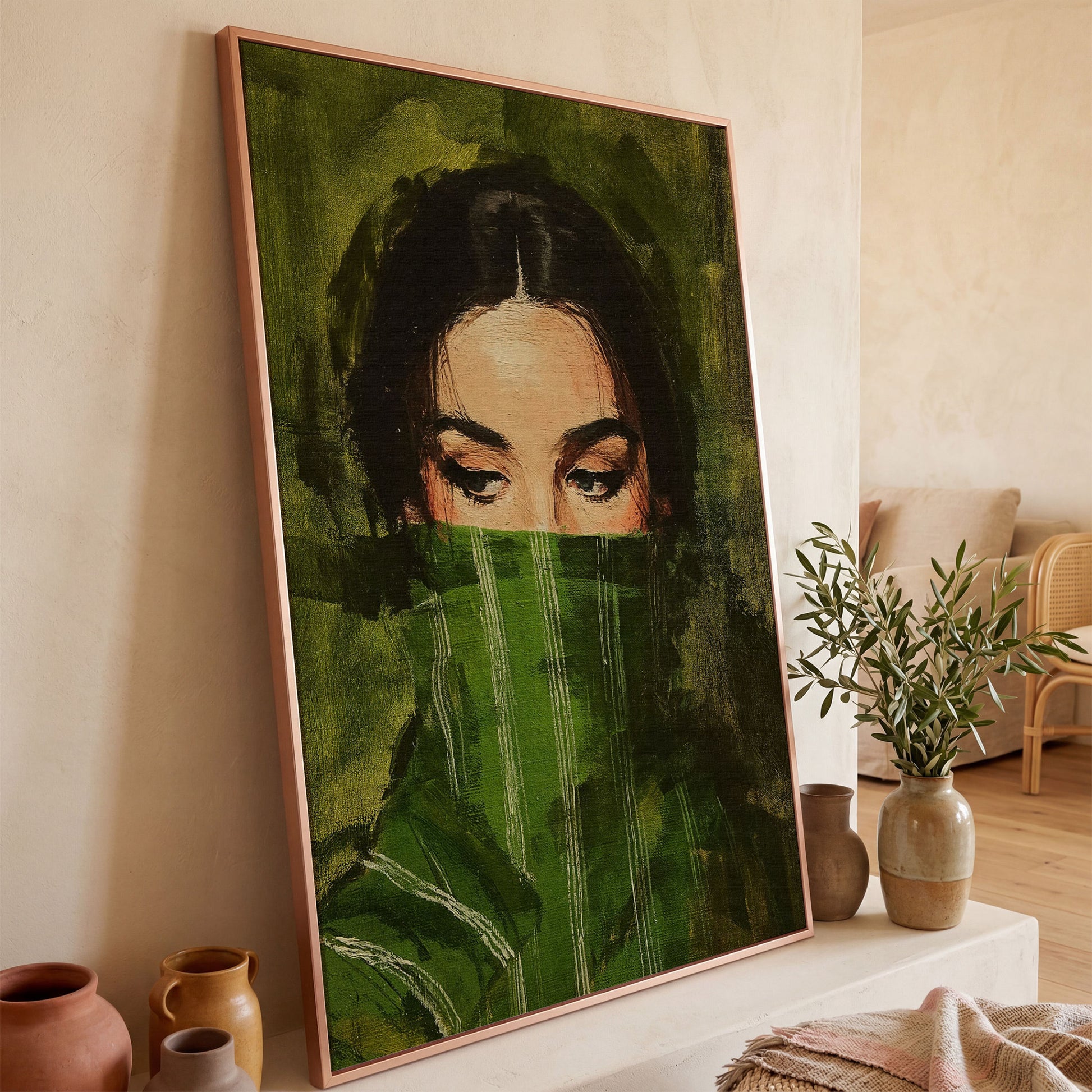 Woman with Green Scarf. Figurative Portrait Canvas Art in rose gold floating frame