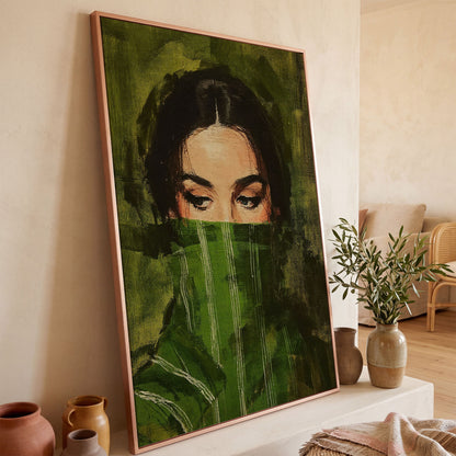 Woman with Green Scarf. Figurative Portrait Canvas Art in rose gold floating frame