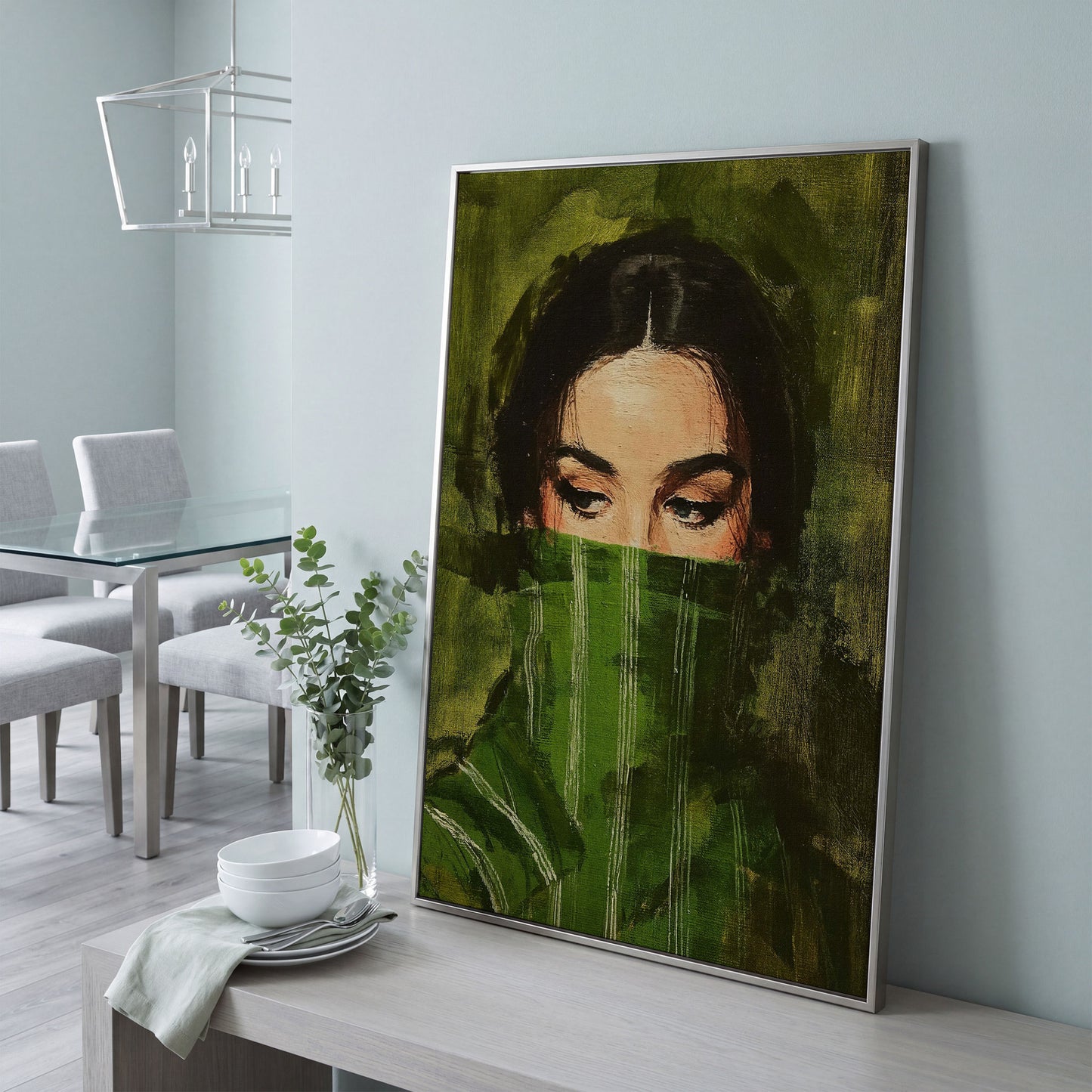 Woman with Green Scarf. Figurative Portrait Canvas Art in silver floating frame