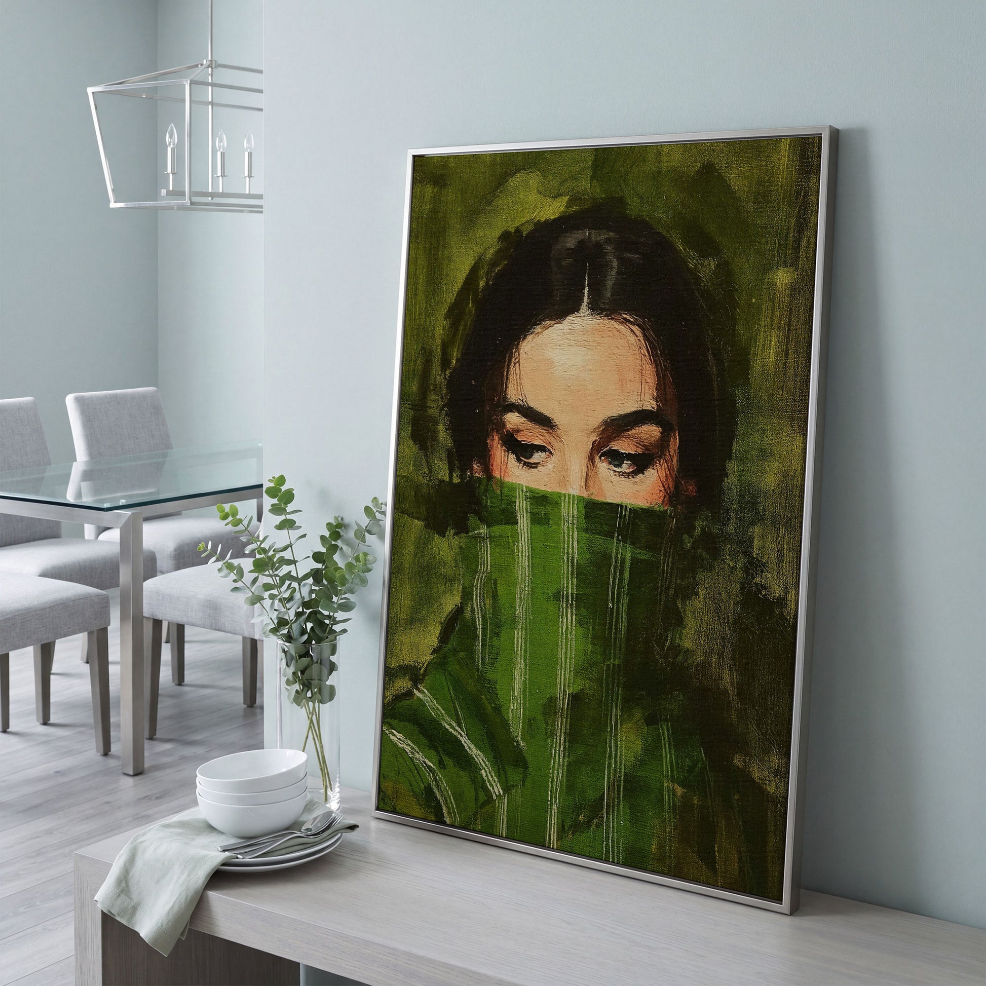 Woman with Green Scarf. Figurative Portrait Canvas Art in silver floating frame