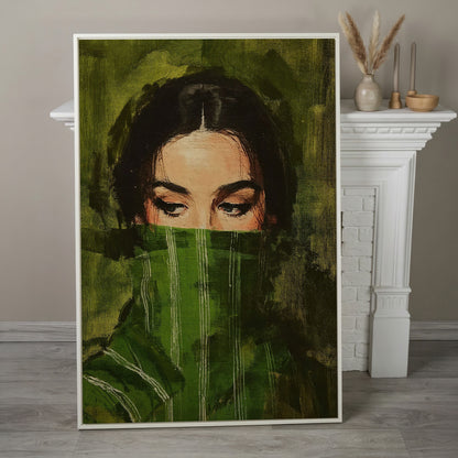 Woman with Green Scarf. Figurative Portrait Canvas Art in white floating frame