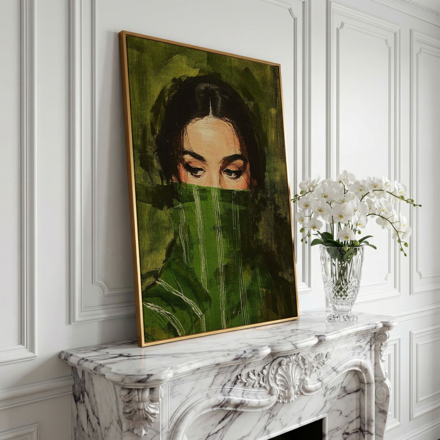 Woman with Green Scarf. Figurative Portrait Canvas Art in yellow gold floating frame