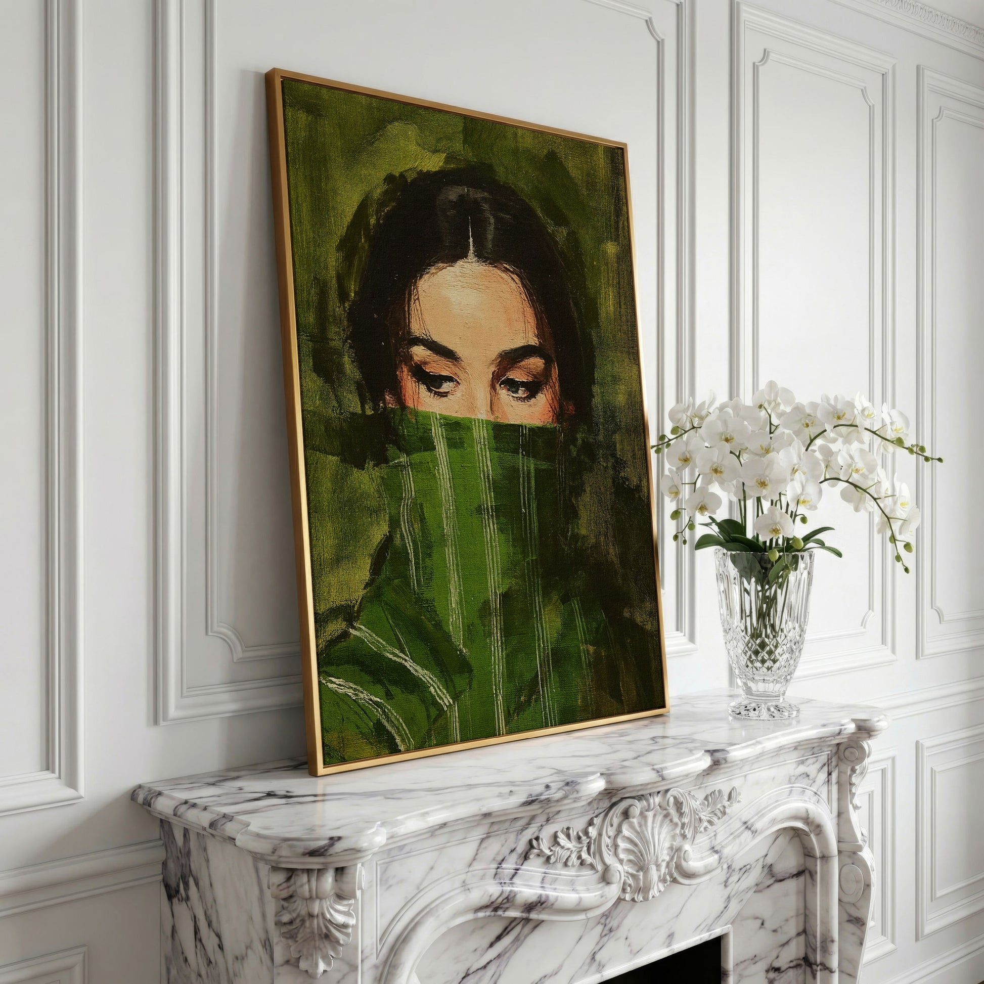 Woman with Green Scarf. Figurative Portrait Canvas Art in yellow gold floating frame