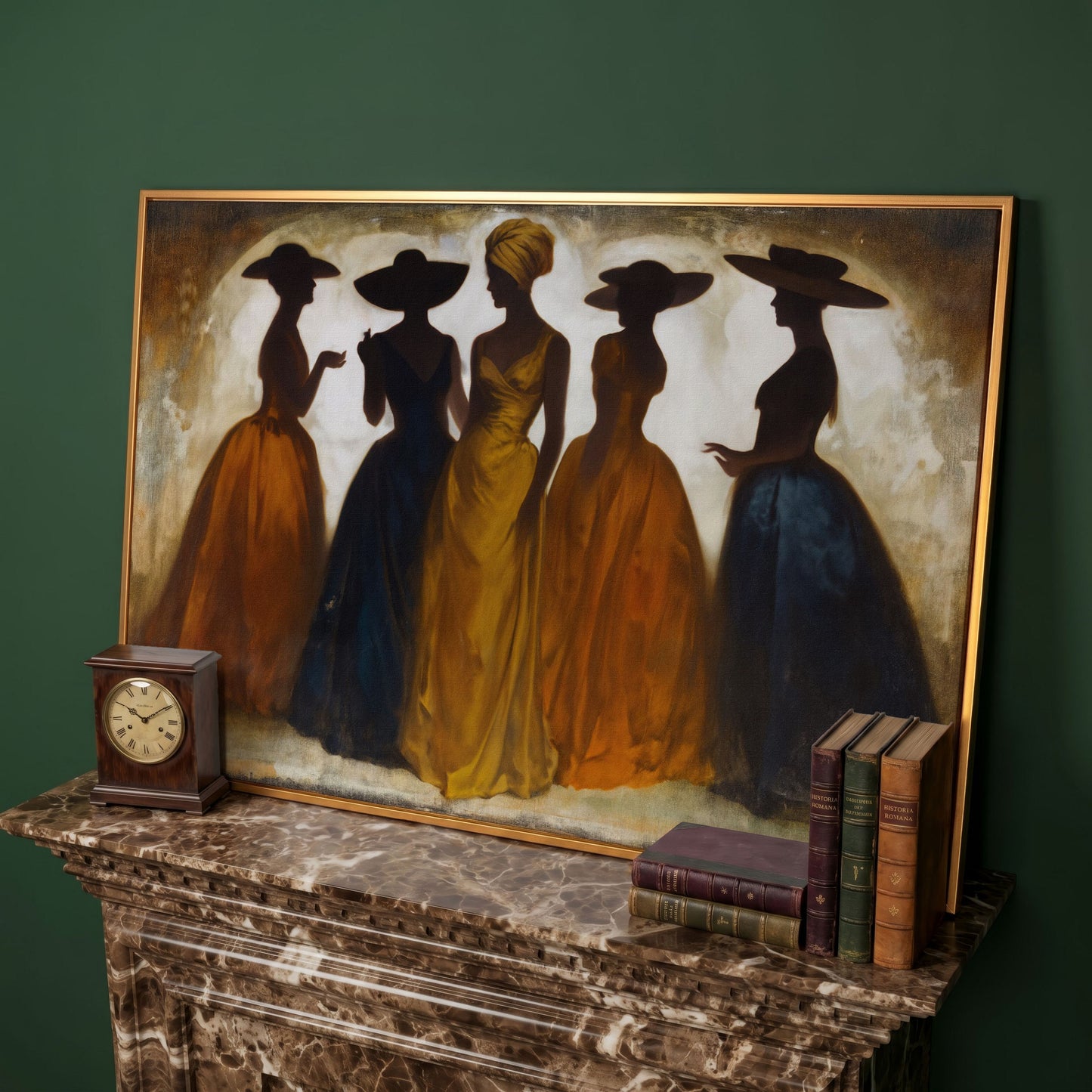 Five Silhouetted Women in Hats, Art Nouveau Canvas Wall Art in antique gold floating frame