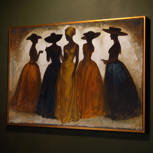 Five Silhouetted Women in Hats, Art Nouveau Canvas Wall Art shown in antique gold floating frame