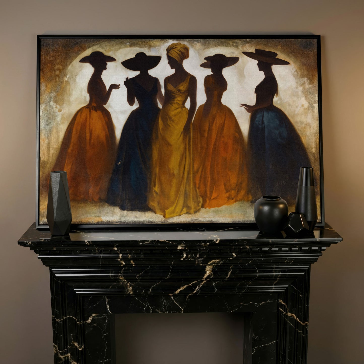 Five Silhouetted Women in Hats, Art Nouveau Canvas Wall Art in black floating frame