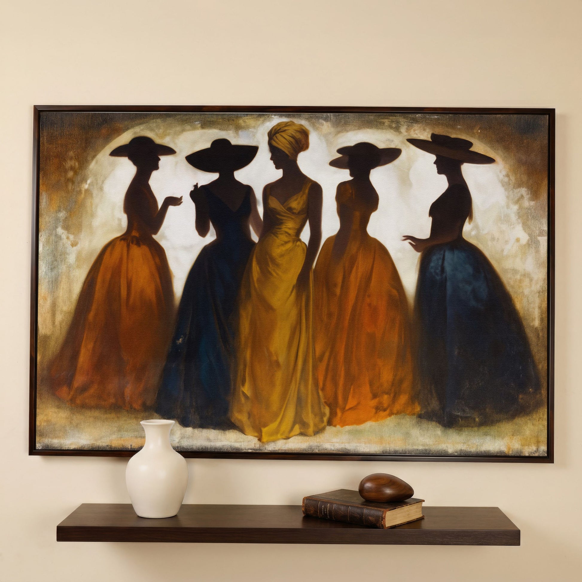 Five Silhouetted Women in Hats, Art Nouveau Canvas Wall Art in dark walnut floating frame