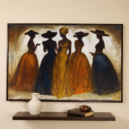 Five Silhouetted Women in Hats, Art Nouveau Canvas Wall Art in dark walnut floating frame