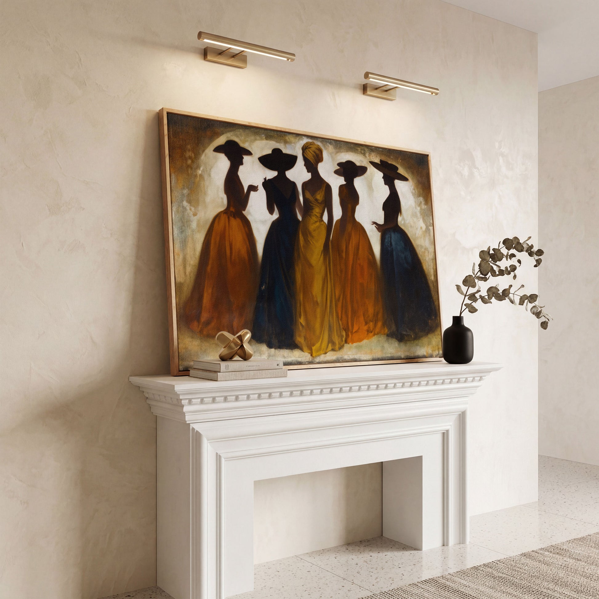 Five Silhouetted Women in Hats, Art Nouveau Canvas Wall Art in white oak floating frame