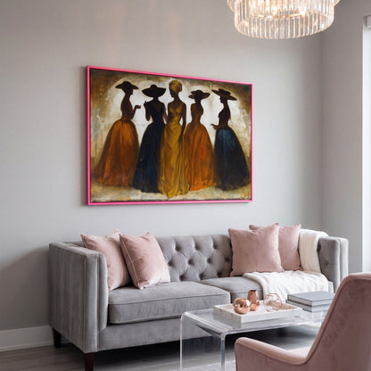 Five Silhouetted Women in Hats, Art Nouveau Canvas Wall Art in pink floating frame