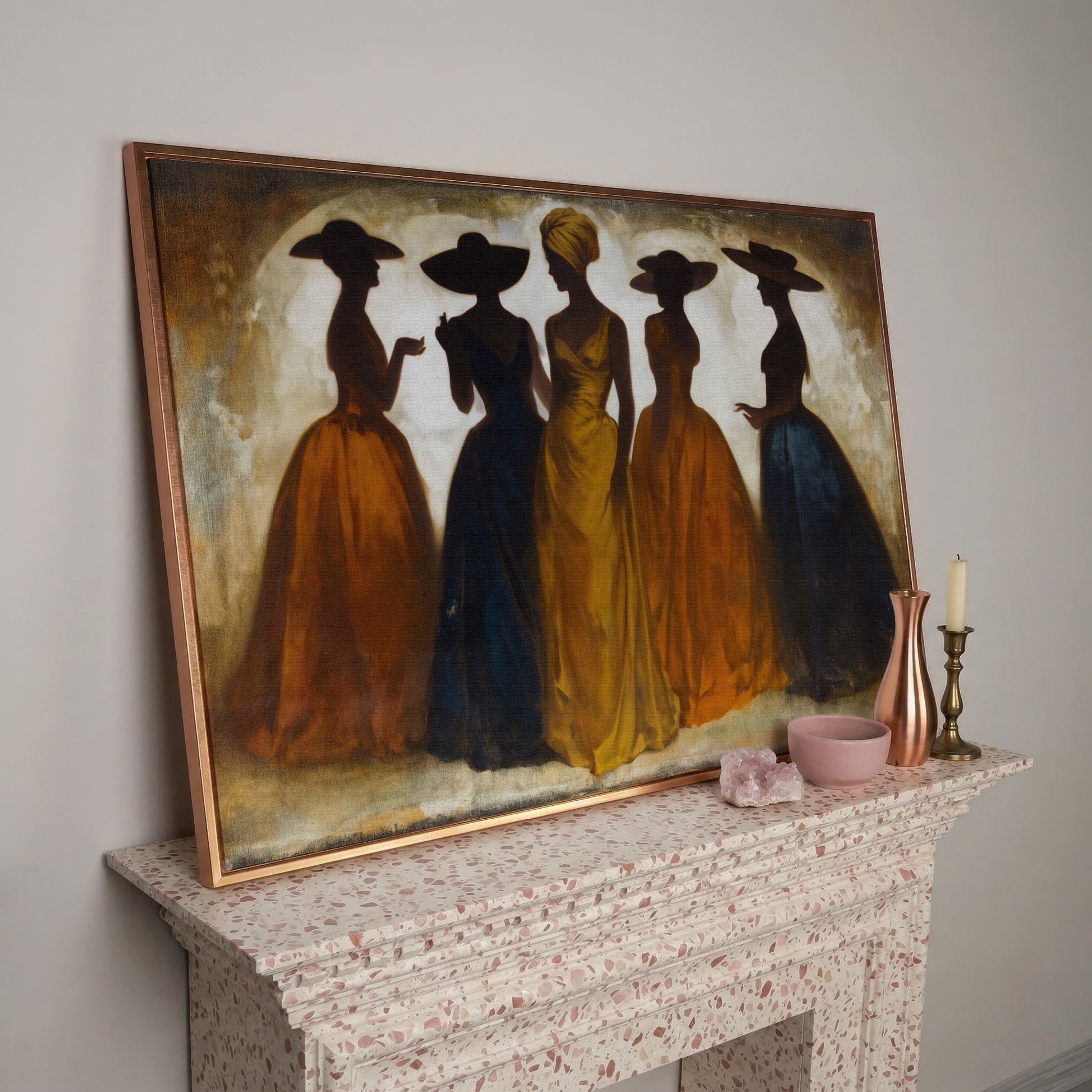 Five Silhouetted Women in Hats, Art Nouveau Canvas Wall Art in rose gold floating frame