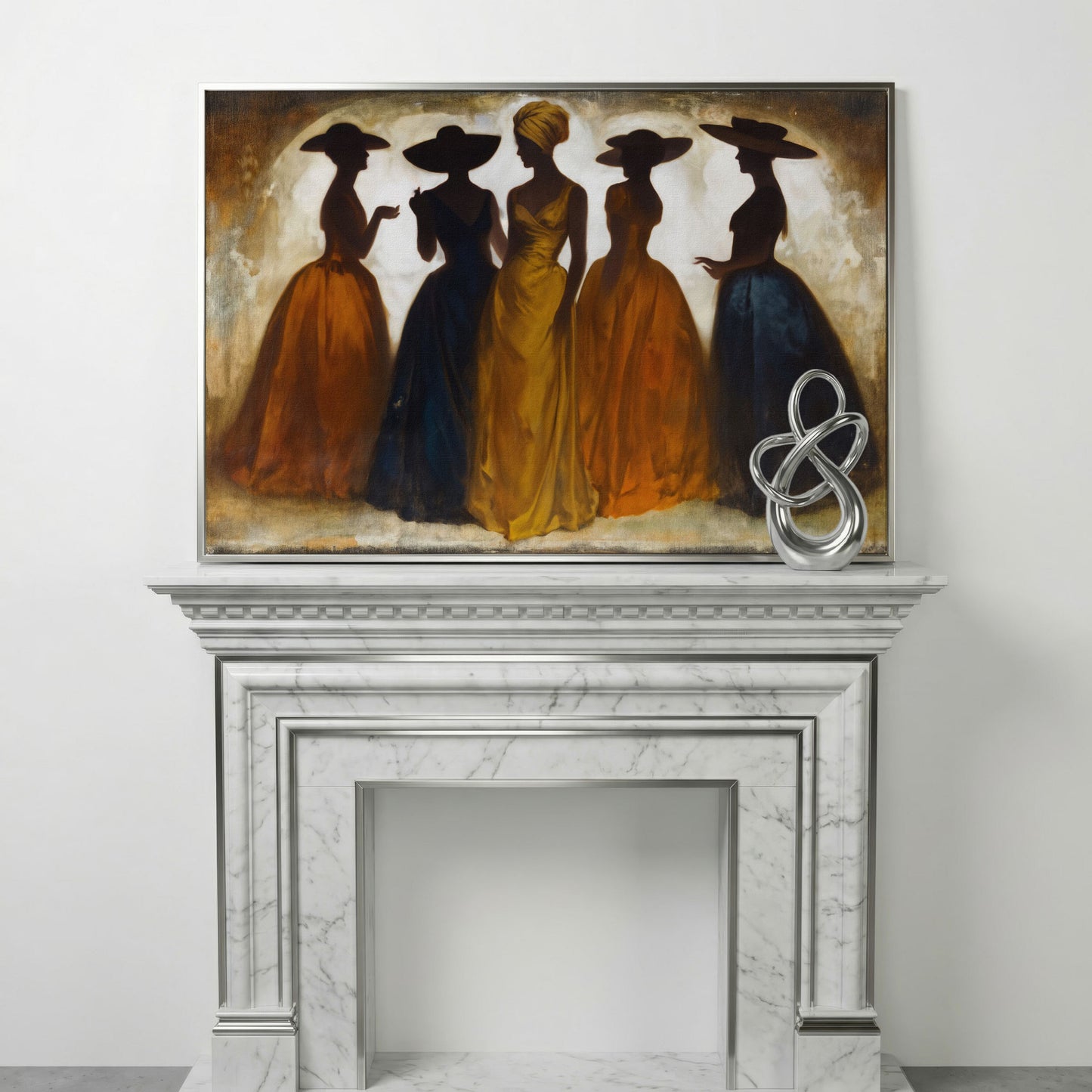 Five Silhouetted Women in Hats, Art Nouveau Canvas Wall Art in silver floating frame